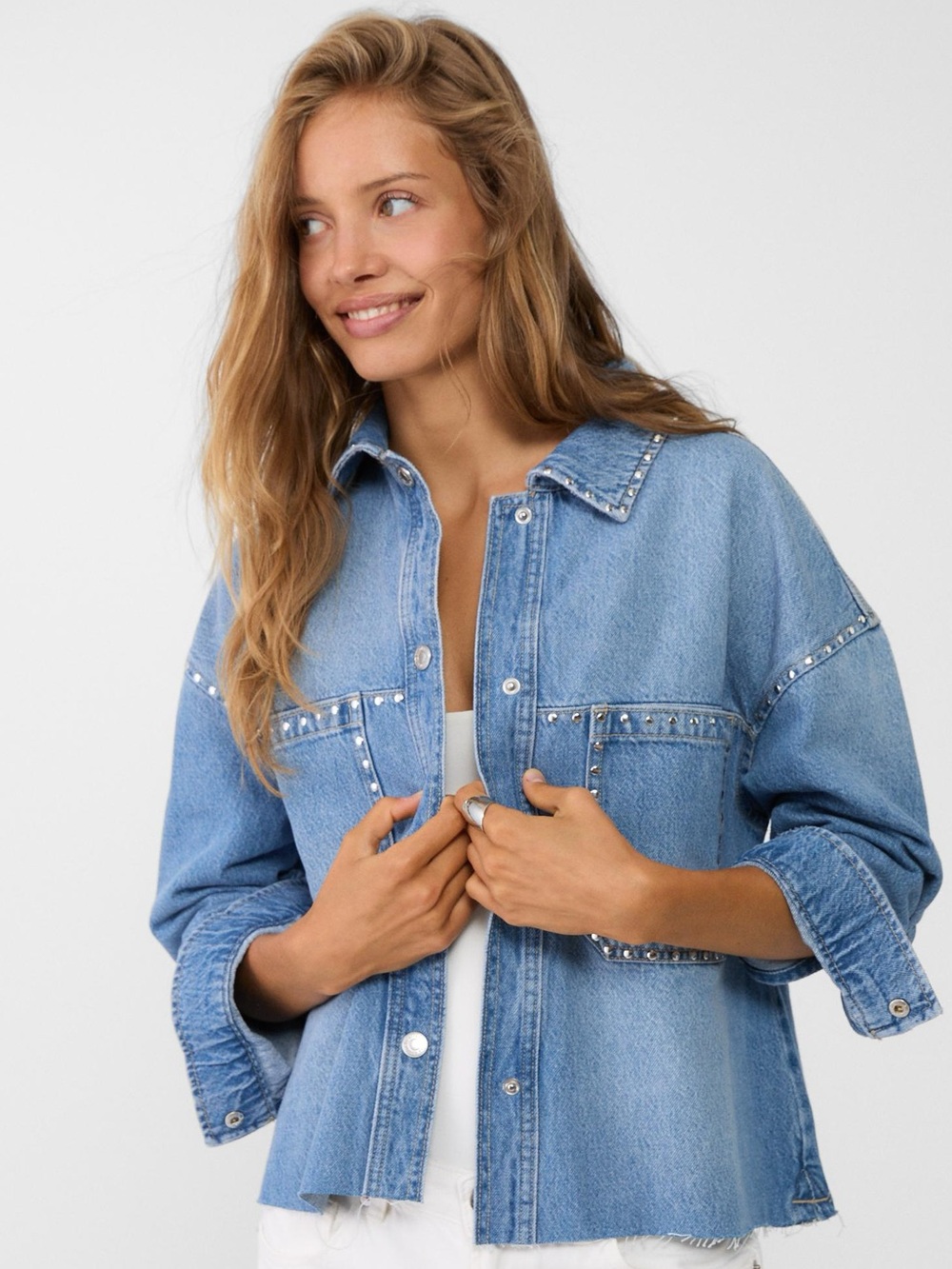 Sincerely Jules Button Down Denim Jean Jacket Shacket Cropped Silver Studs XL